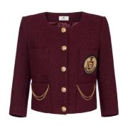 Elisabetta Franchi Burgundy Tweed Cropped Jacka Broderad Logotyp Red, ...