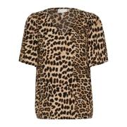 Kaffe Klassisk Leopard Blus Kort Ärm V-Hals Brown, Dam