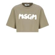 Msgm Grön Bomullst-shirt med Logotyp Green, Dam