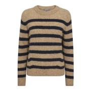 MOS Mosh Randig Crewneck Stickad Tröja Beige, Dam