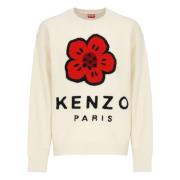 Kenzo Vit Ull Crewneck Tröja med Blomsterbroderi White, Herr