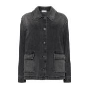 Moncler Grå Denimjacka Logo Patch Stonewashed Gray, Dam