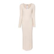 Twinset Beige Stickad Maxi Klänning Beige, Dam