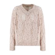 Panicale Elegant Sequin V-Neck Sweater Beige, Dam