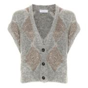 Brunello Cucinelli Pico Neck Cardigan Vest Gray, Dam