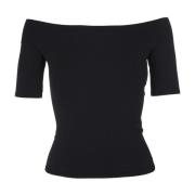 Alexander McQueen Svart Ribbad Off-Shoulder Topp Black, Dam