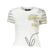 Desigual Elegant vitt tryckt T-shirt med kontrastdetalj White, Dam