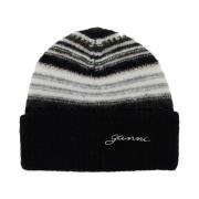 Ganni Randig Mjuk Ull Beanie Mössa Svart Black, Dam