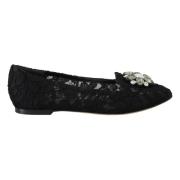 Dolce & Gabbana Eleganta platta Vally-skor med blommig spets Black, Da...