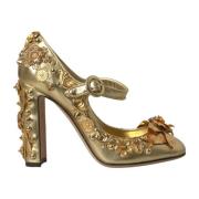 Dolce & Gabbana Guld Blommig Läder Mary Janes Pumps Yellow, Dam