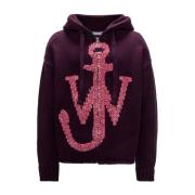 JW Anderson Logo Dragkedja Hoodie - Merino Stickad Design Purple, Herr