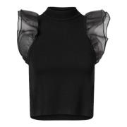 Karl Lagerfeld Ruffle Sleeve Ribbed Top Black, Dam