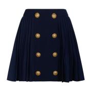 Balmain Navy Blue Wool Pleated Miniskirt Blue, Dam