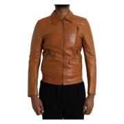 Dolce & Gabbana Brun Läder Blouson Jacka med Dragkedja Brown, Herr