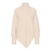 Cream Turtleneck Poncho Stickad Oat Melange Beige, Dam