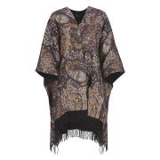 Etro Svart Blommig Poncho med Fransar Multicolor, Dam