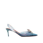 Amina Muaddi Denim Slingback Pumps Blue, Dam