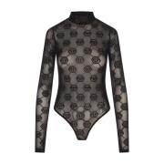 Philipp Plein Svart Tulle Bodysuit Top med Monogram Black, Dam