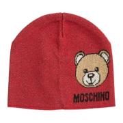 Moschino Enfärgad Logo Teddybjörn Beanie Red, Dam