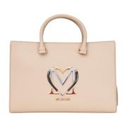 Love Moschino Beige Shopper Väska med Metalliskt Logotyp Beige, Dam