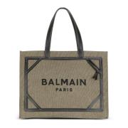 Balmain B-Army 42 canvas toteväska med läderdetaljer Beige, Dam