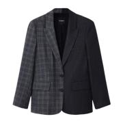 Desigual Rutig Svart Blazer med Reverskrage Black, Dam