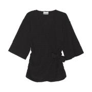 Ganni Seersucker Wrap Blus Black, Dam