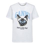 Ganni Katttryck Grafisk T-shirt White, Dam