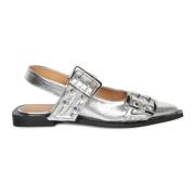 Ganni Silver Metallic Läder Ballerina Gray, Dam