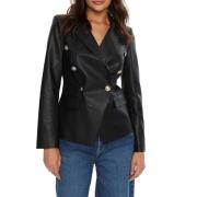 Guess Svart Faux Läder Dubbelknäppt Blazer Black, Dam