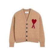 Ami Paris Röd Ull Cardigan med Monogram Motiv Brown, Dam