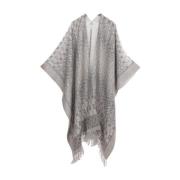 Brunello Cucinelli Geometriskt Tryck Linne Poncho Jacka Beige, Dam