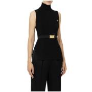 Elisabetta Franchi Svart Ribbstickad Turtleneck Tröja med Logoficka Bl...