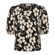 Cream Blommig Puffärm Blus Black, Dam