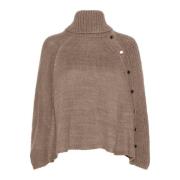 Cream Taupe Gray Stickad Poncho med Knappar Gray, Dam