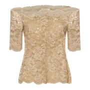 Paco Rabanne Beige Blommig Spets Off-Shoulder Topp Beige, Dam