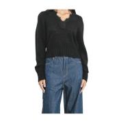 Pink Memories Mohair Crop Sweater med Spetsdetaljer Black, Dam