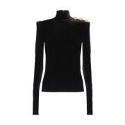 Balmain Svart Turtleneck-tröja i Sammet Black, Dam