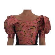 Dolce & Gabbana Rosa Metallic Puff Sleeve Cropped Top Pink, Dam