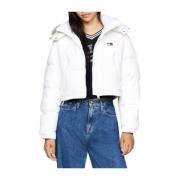 Tommy Jeans Vit Cropped Pufferjacka med Fejkpäls White, Dam