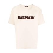 Balmain Flockad Logo Bomulls-T-shirt Beige, Herr