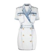 Balmain Blå Denim Bältes Mini Klänning Blue, Dam