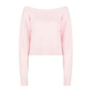 Balmain Rosa Off-Shoulder Borste Tröja Pink, Dam