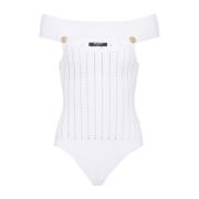 Balmain Ribbstickad Off-Shoulder Vit Body White, Dam