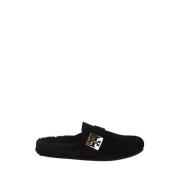 Tory Burch Shearling Mulor med Logospänne Detalj Black, Dam