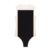 Courrèges Panelerad Beige/Svart Bodysuit med Broderad Logotyp Black, D...