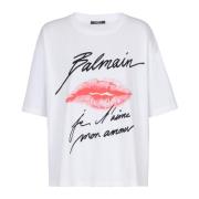 Balmain T-shirt med kyss-tryck och korta ärmar White, Dam