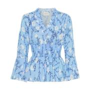 American Dreams Blommig Smocked Topp med 3/4 Ärmar Blue, Dam