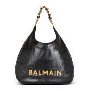 Balmain Stor 1945 Soft Hobo-väska i skrynklat kalvskinn Black, Dam