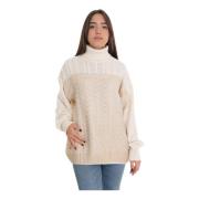 Roy Roger's Turtleneck Kabelstickad Pullover Sweater Beige, Dam